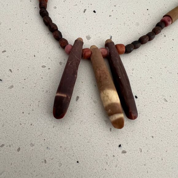 vtg beaded necklace wood stone beige brown tan boho retro hippie beach surfer - Picture 2 of 5